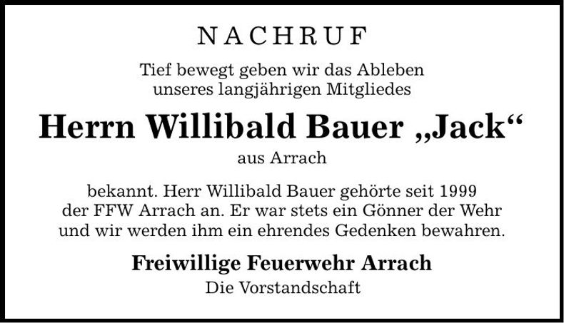 Traueranzeige Willibald Bauer