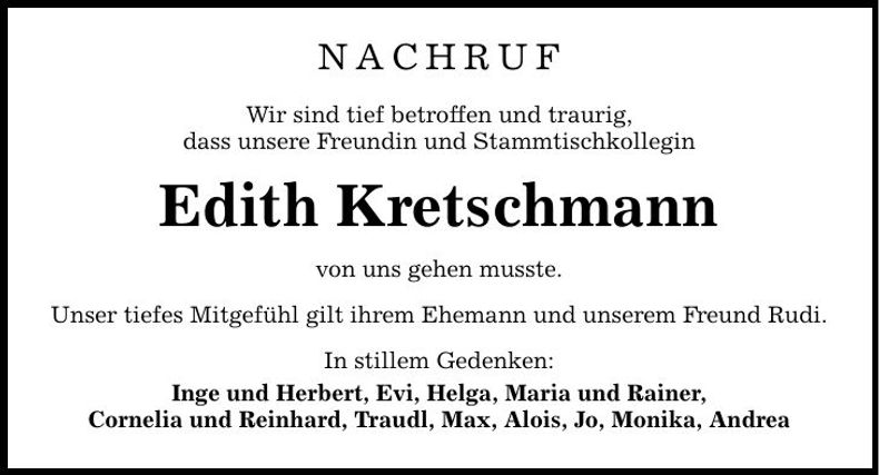 Traueranzeige Edith Kretschmann