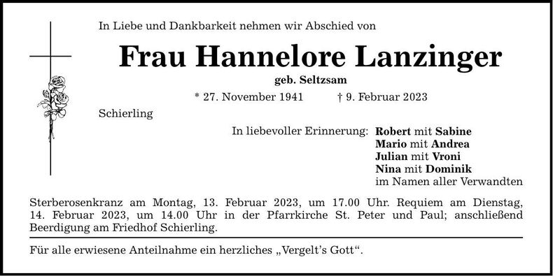 Traueranzeige Hannelore Lanzinger