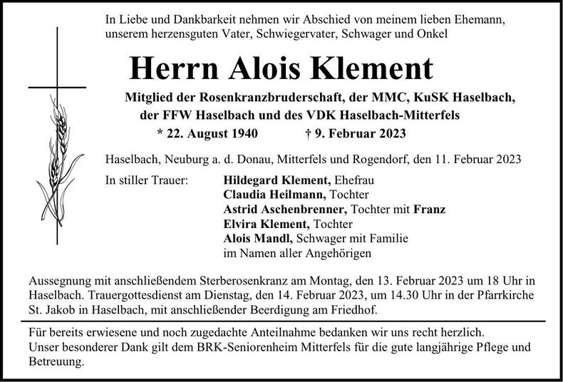 Traueranzeige Alois Klement