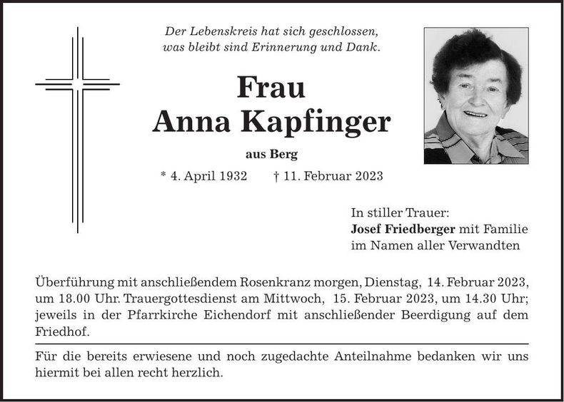 Traueranzeige Anna Kapfinger