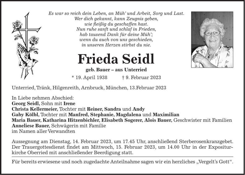 Traueranzeige Frieda Seidl