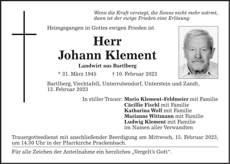 Traueranzeige Johann Klement