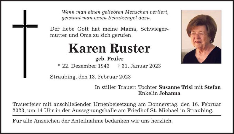 Traueranzeige Karen Ruster