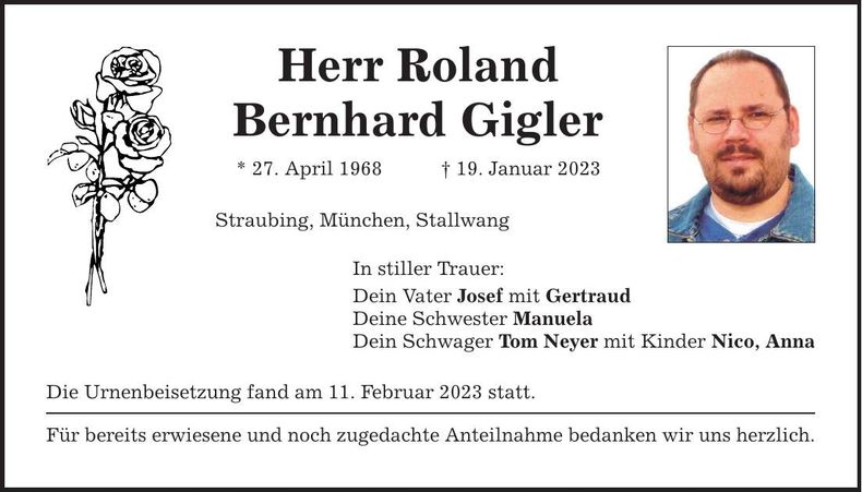 Traueranzeige Roland Bernhard Gilger
