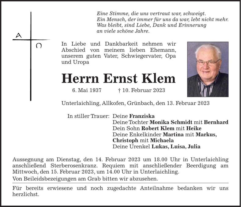 Traueranzeige Ernst Klem
