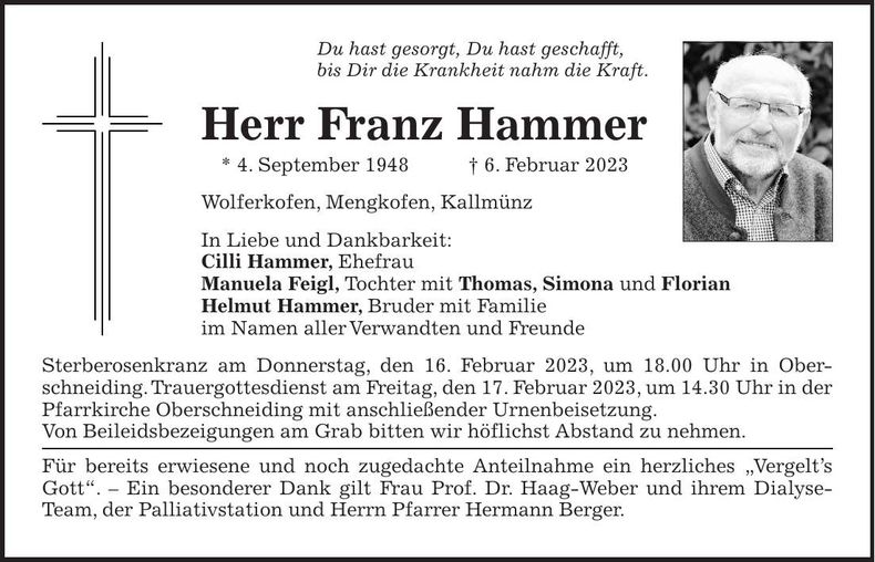 Traueranzeige Franz Hammer