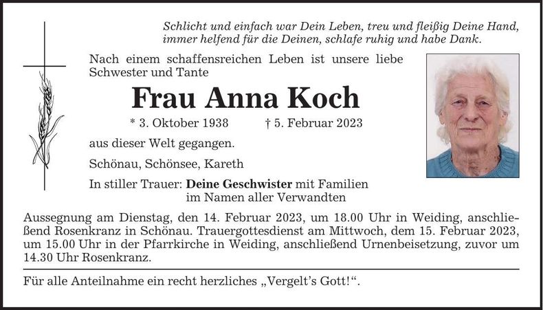 Traueranzeige Anna Koch