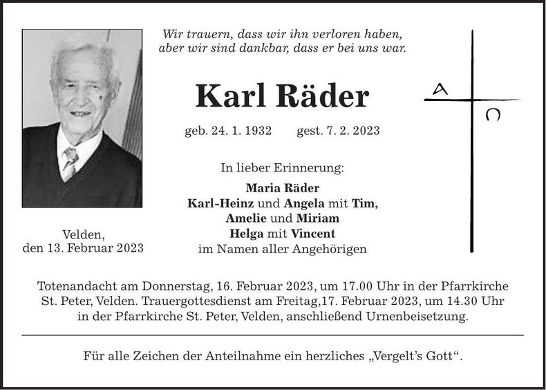Traueranzeige Karl Räder