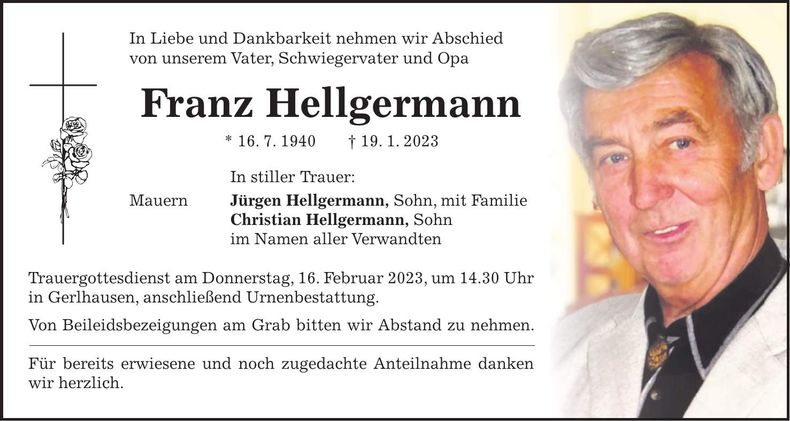 Traueranzeige Franz Hellgermann