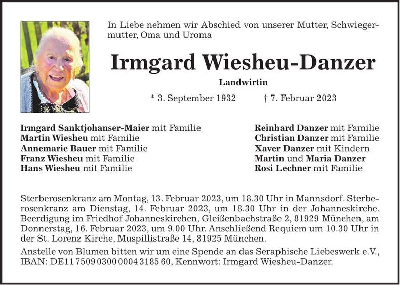 Traueranzeige Irmgard Wiesheu-Danzer