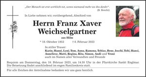 Traueranzeige Franz Xaver Weichselsgartner