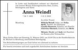 Traueranzeige Anna Weindl