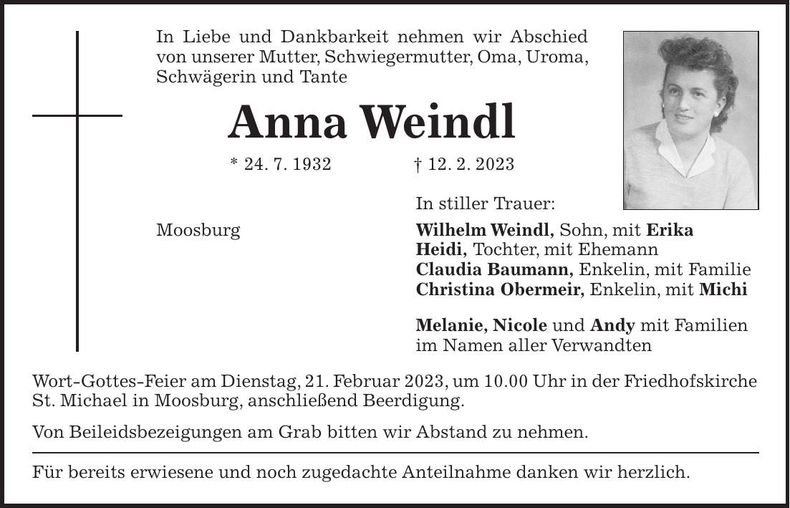 Traueranzeige Anna Weindl