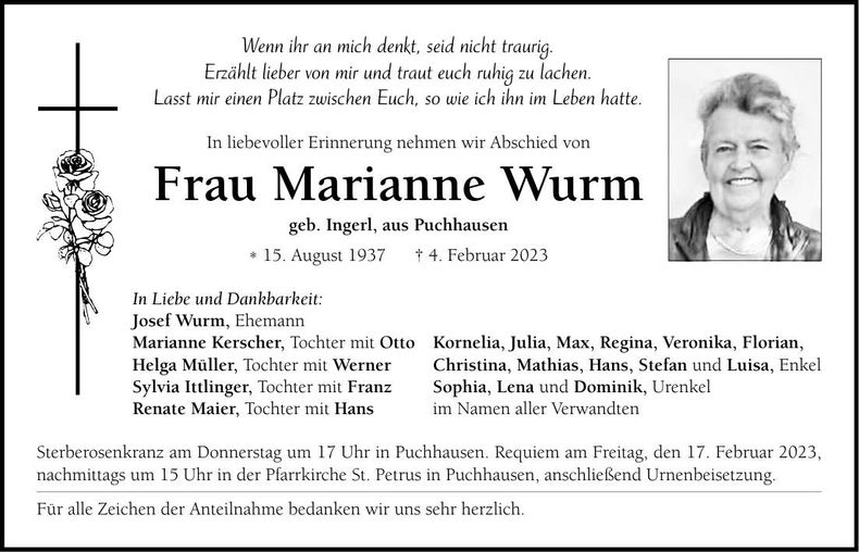 Traueranzeige Marianne Wurm