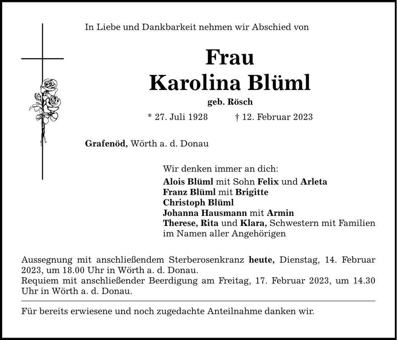 Traueranzeige Karolina Blüml