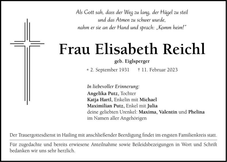 Traueranzeige Elisabeth Reichl