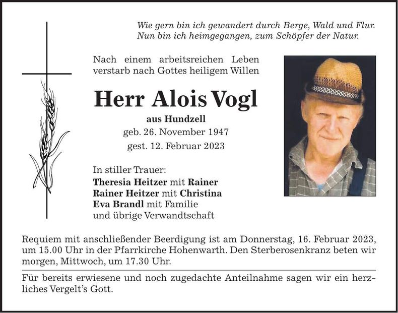 Traueranzeige Alois Vogl