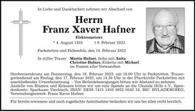 Traueranzeige Franz Xaver Hafner