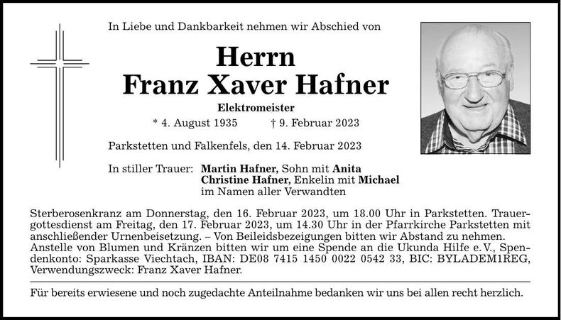 Traueranzeige Franz Xaver Hafner