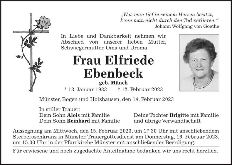 Traueranzeige Elfriede Ebenbeck