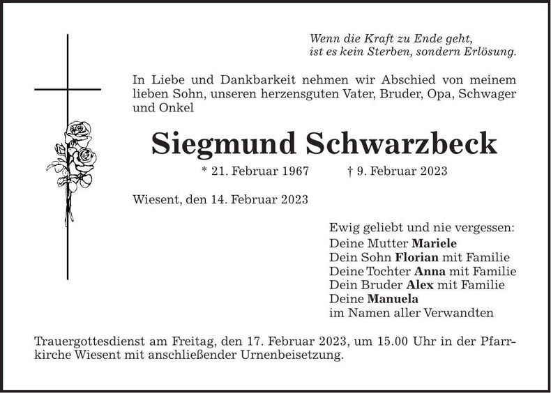 Traueranzeige Siegmund Schwarzbeck