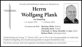 Traueranzeige Wolfgang Plank