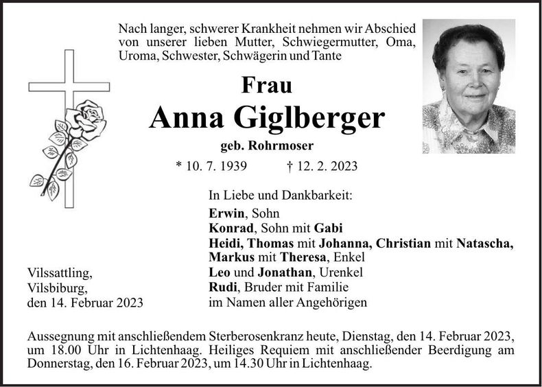 Traueranzeige Anna Giglberger