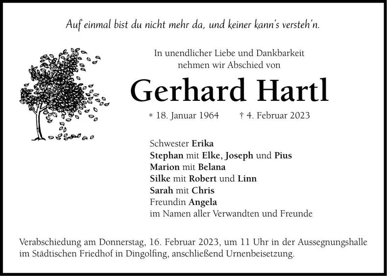 Traueranzeige Gerhard Hartl