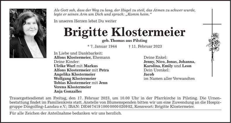 Traueranzeige Brigitte Klostermeier