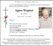 Traueranzeige Agnes Wagner