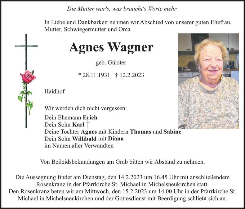 Traueranzeige Agnes Wagner