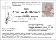 Traueranzeige Anna Westenthanner