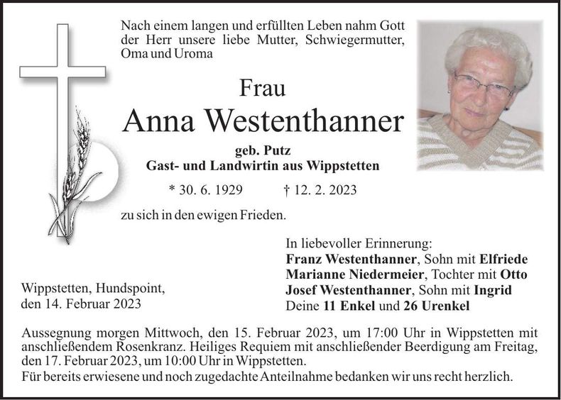 Traueranzeige Anna Westenthanner