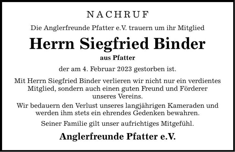 Traueranzeige Siegfried Binder