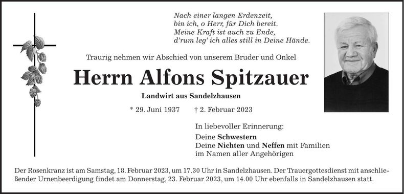 Traueranzeige Alfons Spitzauer