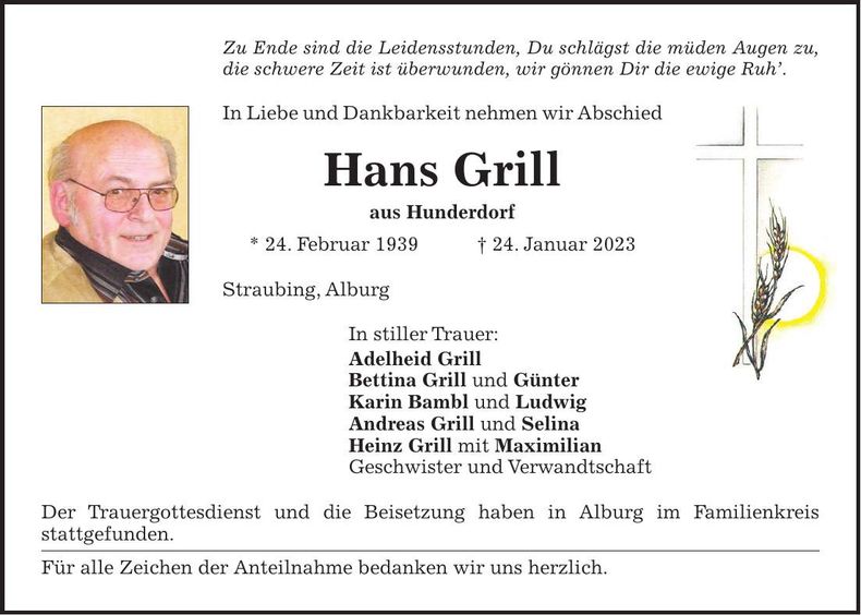Traueranzeige Hans Grill