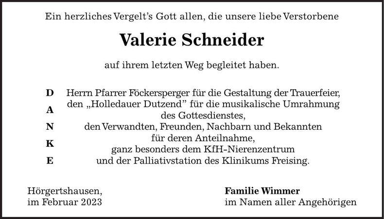 Traueranzeige Valerie Schneider