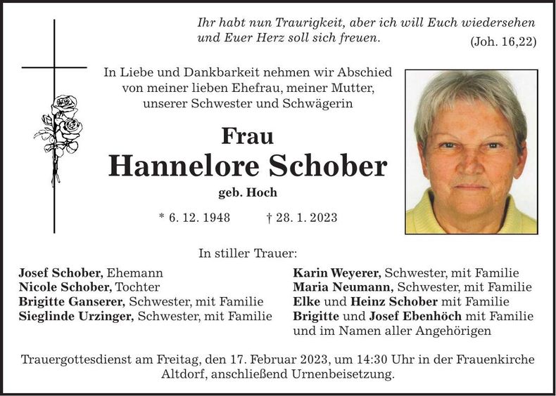 Traueranzeige Hannelore Schober