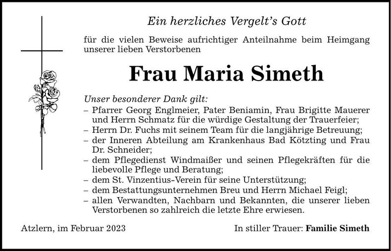 Traueranzeige Maria Simeth
