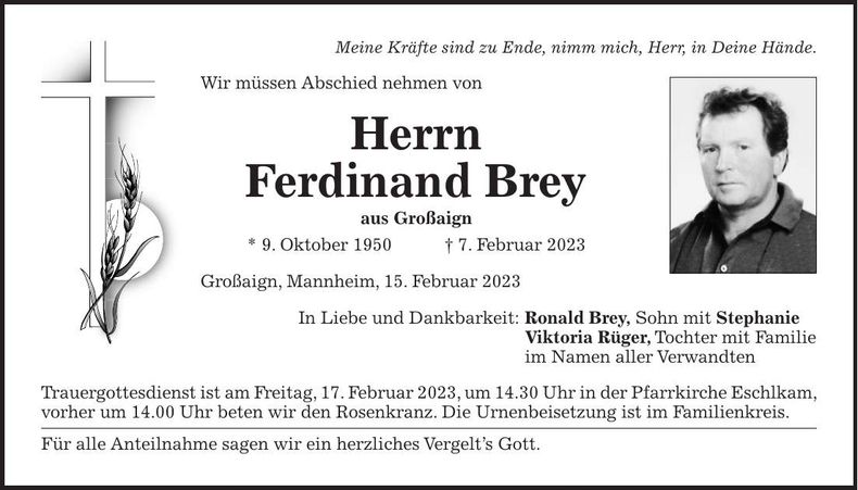 Traueranzeige Ferdinand Brey
