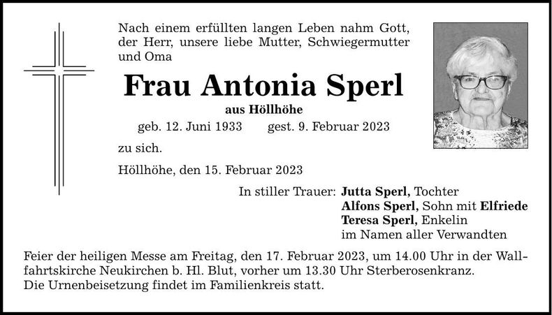 Traueranzeige Antonia Sperl