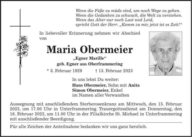Traueranzeige Maria Obermeier