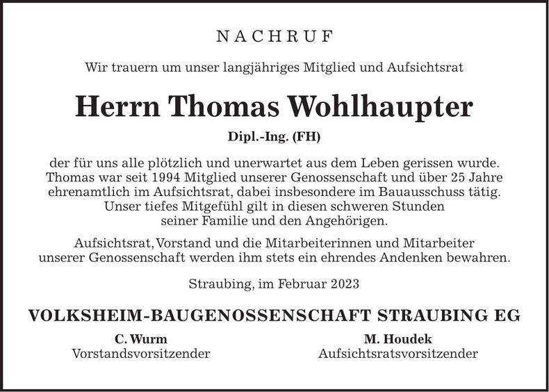Traueranzeige Thomas Wohlhaupter