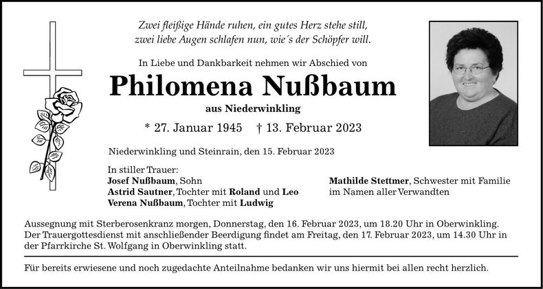 Traueranzeige Philomena Nußbaum