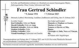 Traueranzeige Gertrud Schindler Gertrud