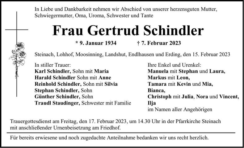 Traueranzeige Gertrud Schindler Gertrud