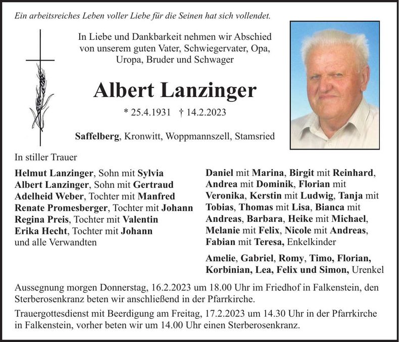 Traueranzeige Albert Lanzinger