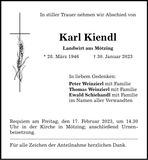 Traueranzeige Karl Kiendl