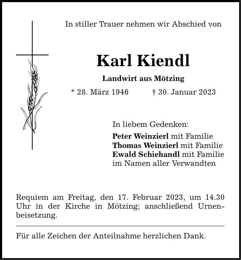 Traueranzeige Karl Kiendl